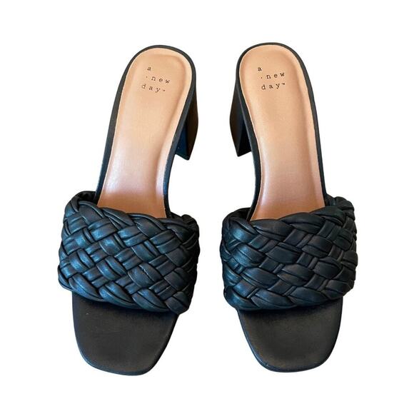 A New Day Black Braided Heeled Sandals Size 8 - 3” Block Heel - Picture 3 of 7